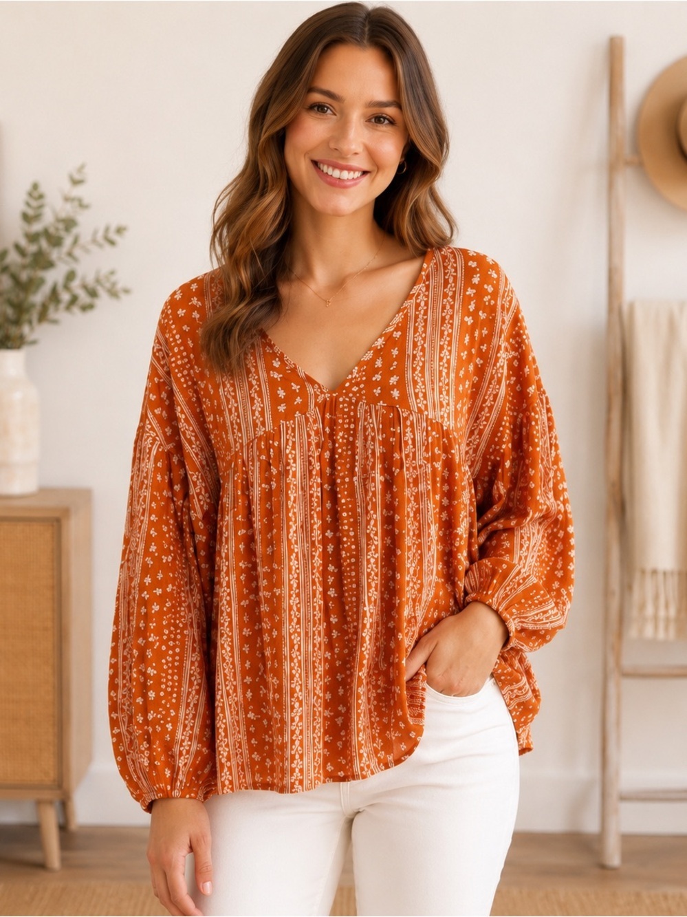 BiBi Rust Orange Boho V-Neck Peasant Tunic